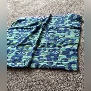 Vintage Retro 68x68 flower blanket blue green purple satin lining bedding stripe